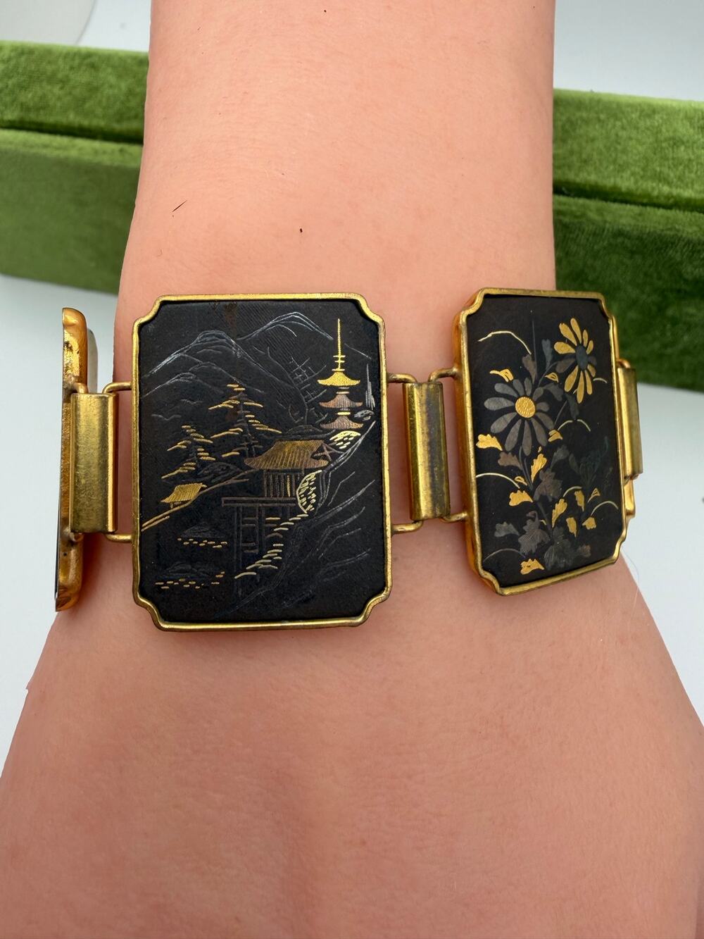 Vintage AMITA JAPAN BRACELET 24k Gold Plated Damascene Enamel Reverse Etched